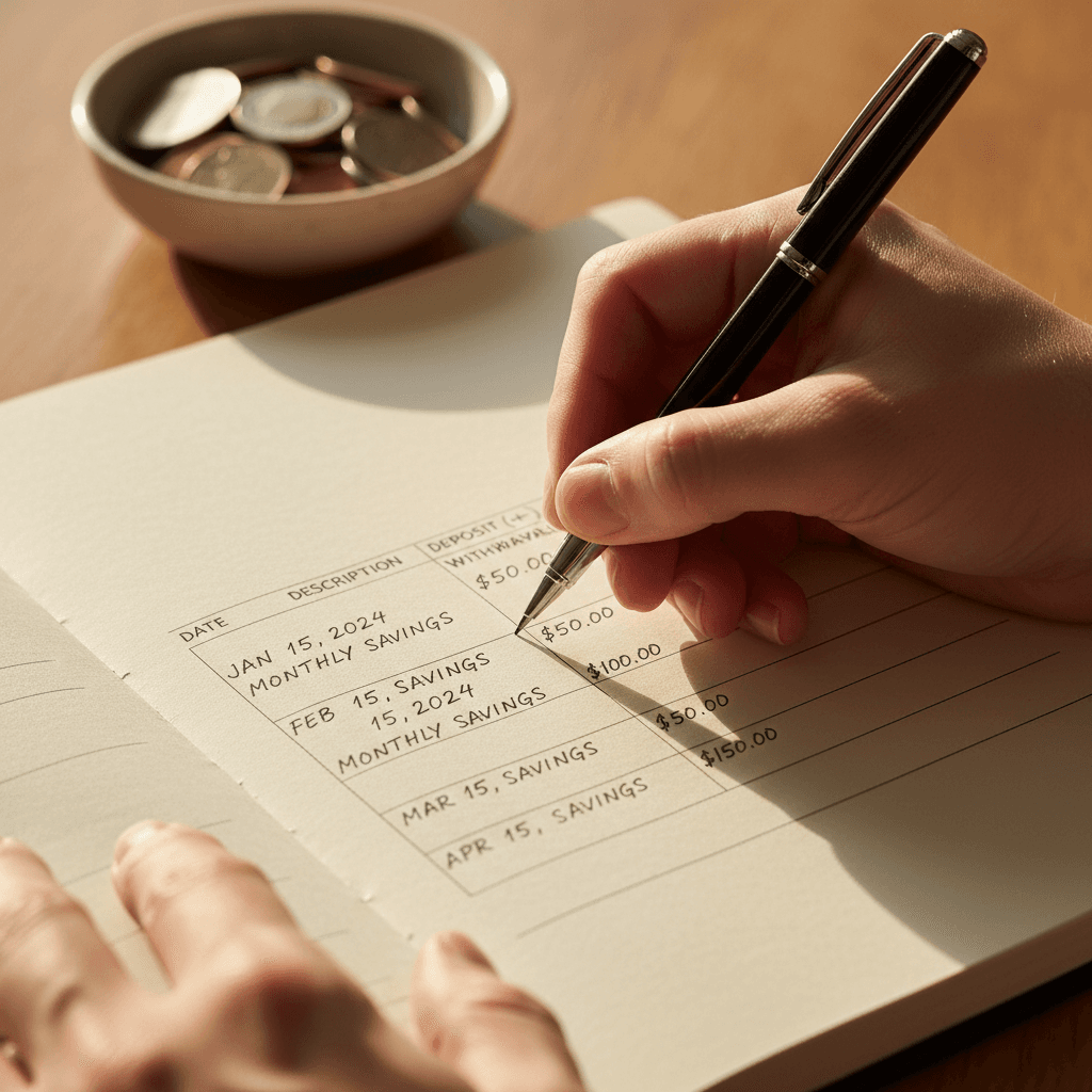 Close-up of hands recording monthly savings contribution in organized ledger with pen and coins in background