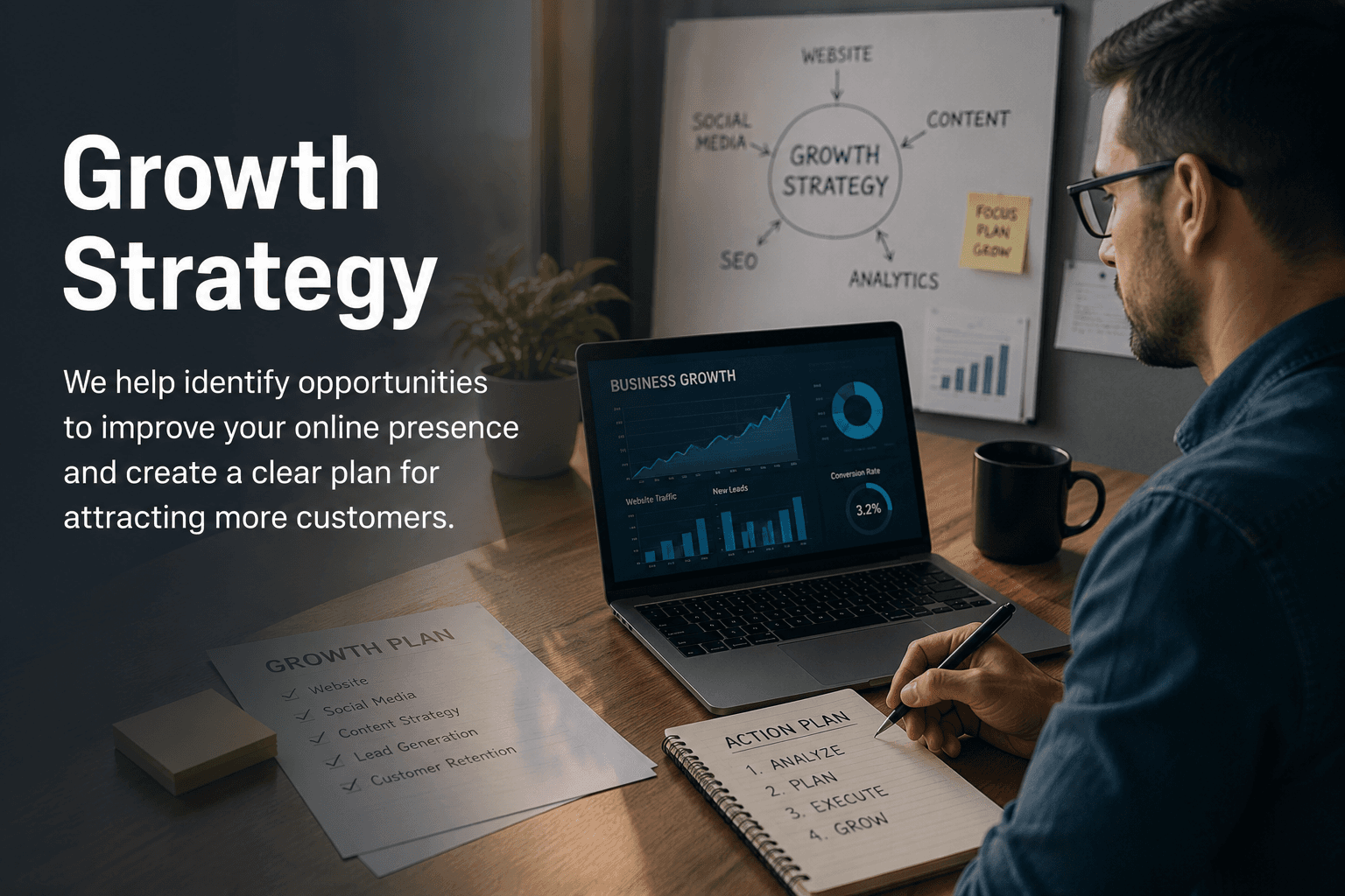 Man analyzing business growth metrics on a laptop while writing a strategic action plan.
