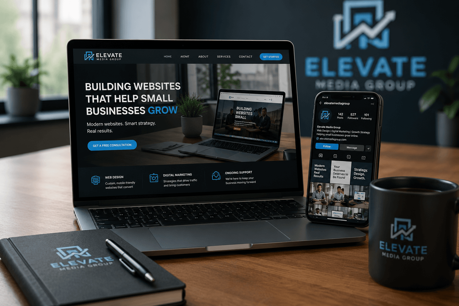 Laptop and smartphone displaying Elevate Media Group's website and social media on a desk.