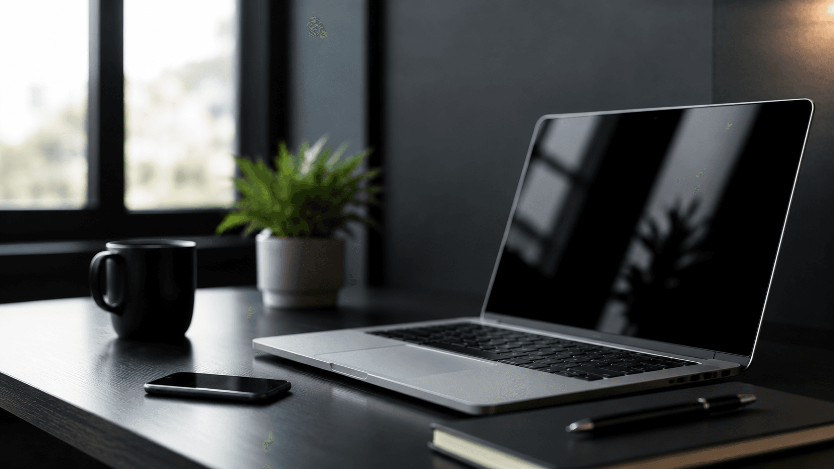 Minimalist dark desk with a silver laptop, smartphone, black mug, and small green plant.