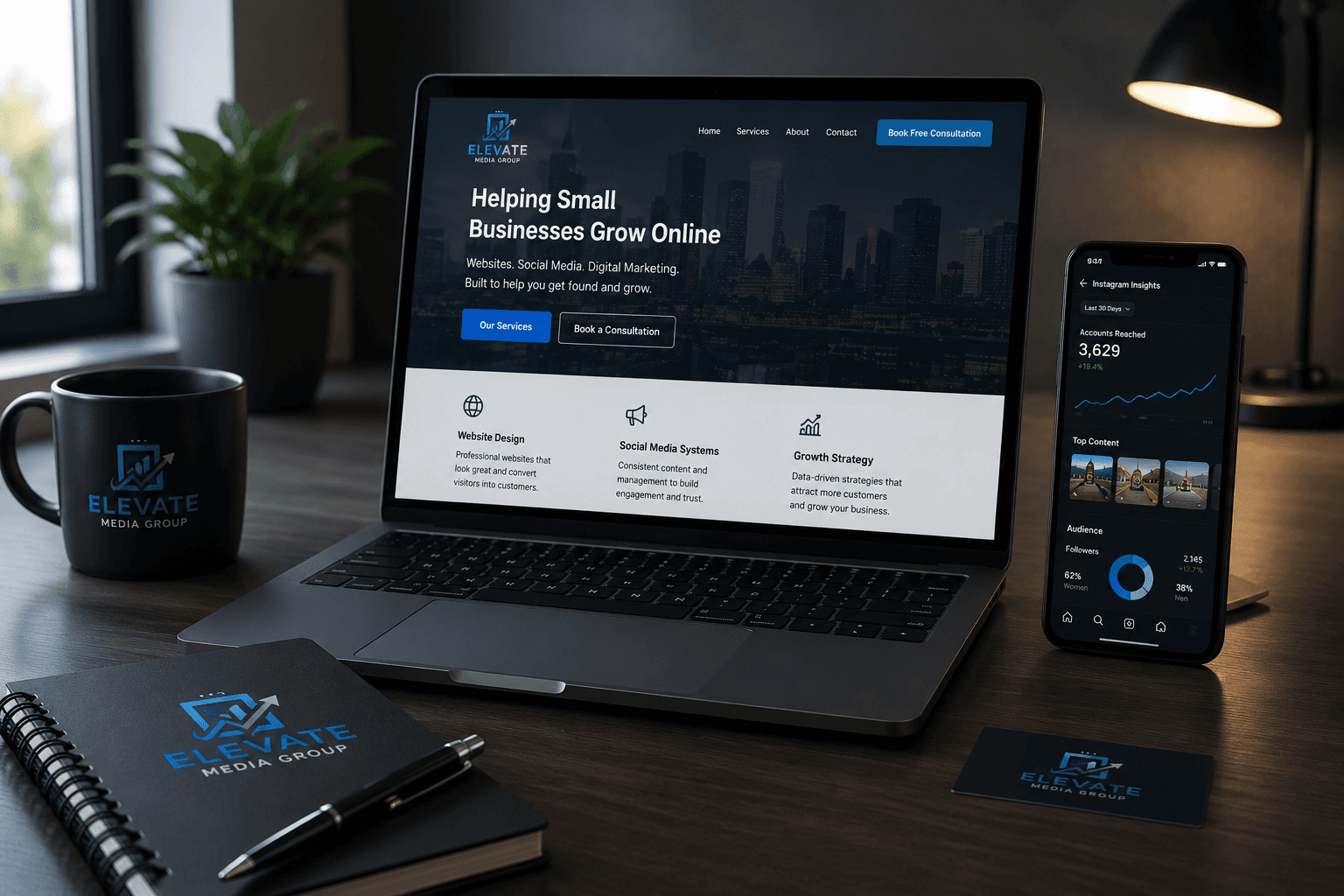 Laptop and smartphone displaying Elevate Media Group's digital marketing services and analytics with branded supplies.